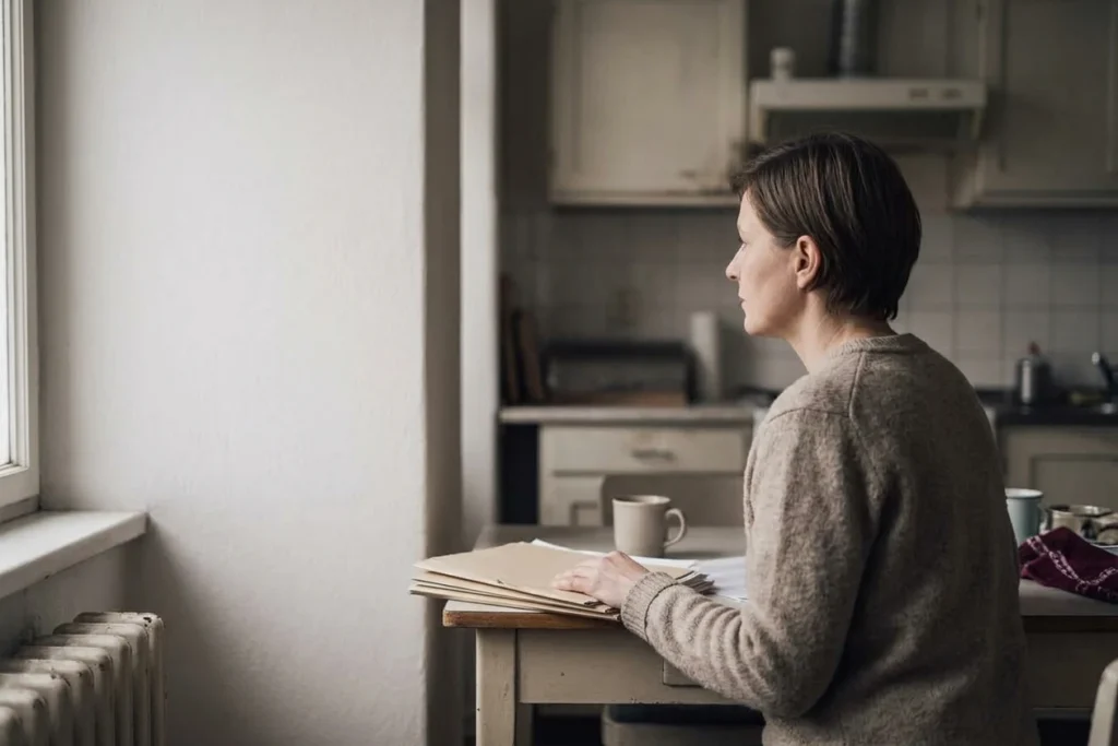 Žena sedí u kuchyňského stolu, ruku má položenou na složce dokumentů a dívá se z okna